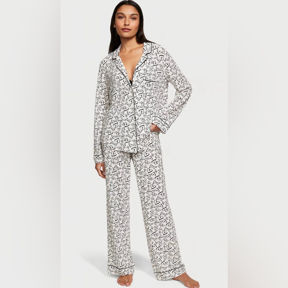 Women’s Victoria’s Secret Valentine Black & White Heart Long Sleeve/Pant PJ XXL